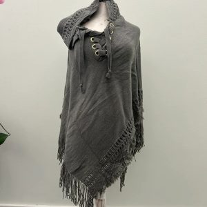 Warm Knit Poncho with Hood - Gray, One Size