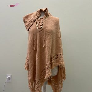 Warm Knit Poncho with Hood - Pink, One Size