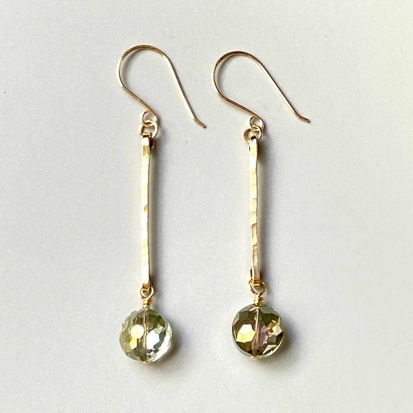 Gold Earrings Hammered Bar and Crystal Drop Dangle