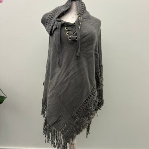 Warm Knit Poncho with Hood - Gray, One Size