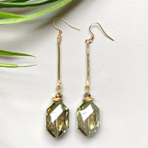 Bold Green Crystal Earrings with Hammered Bar Drop