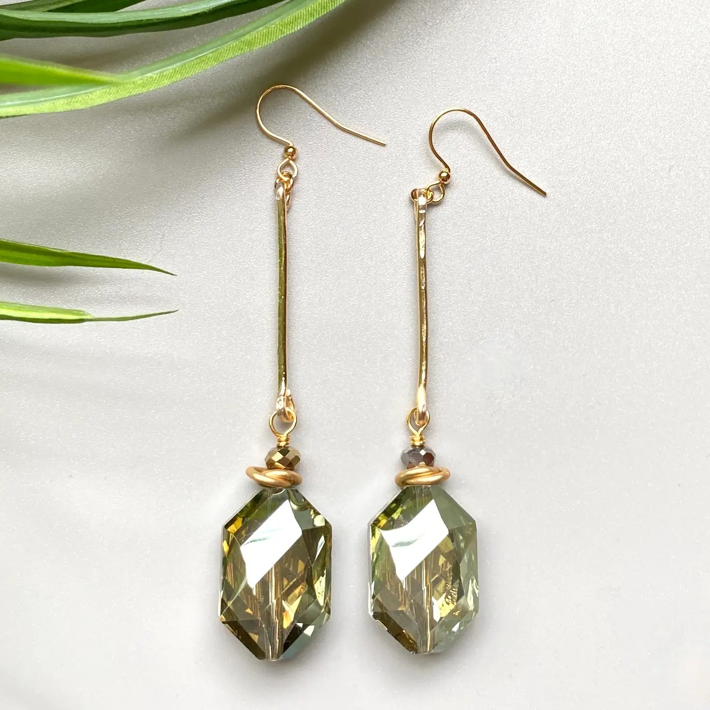 Bold Green Crystal Earrings with Hammered Bar Drop
