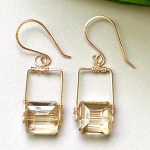 Gold Earrings Hammered Bar and Green Crystal Drop Dangle