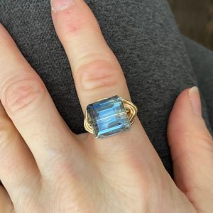 Blue Square Crystal Gold Wire Wrapped Ring